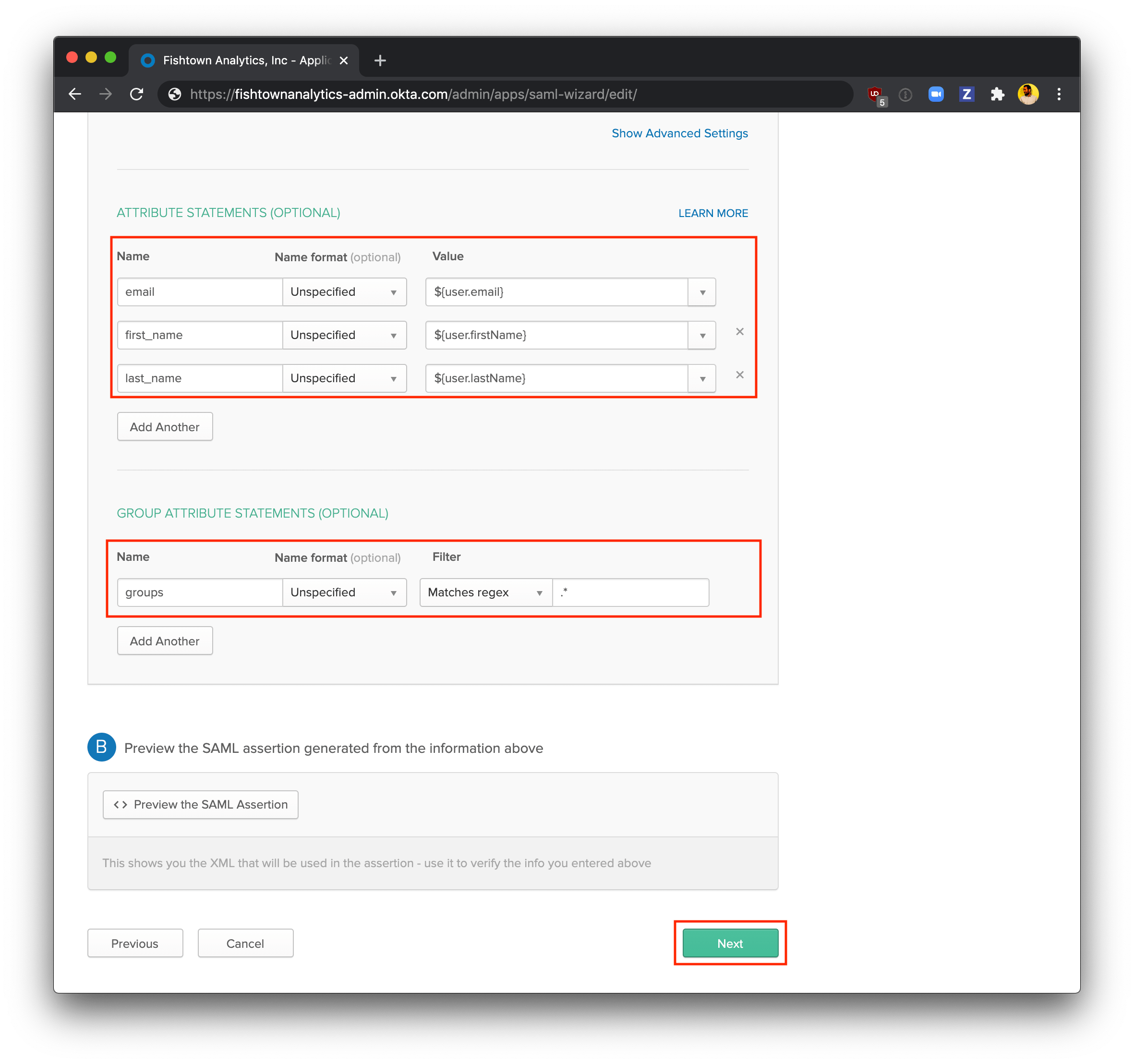 Configure the app's User and Group Attribute Statements